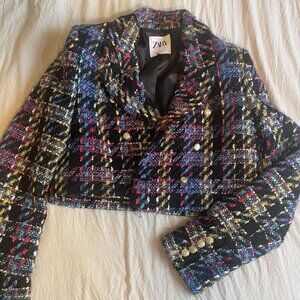 Zara Tweed Cropped Jacket - Multicolored Check, Size L